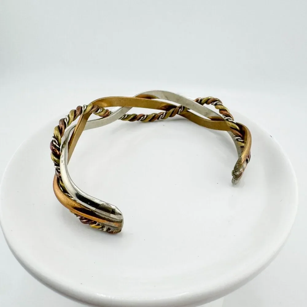 Signed Renee Lepre 925 Copper Brass Cuff Vintage Bracelet Mixed Metal Artisan